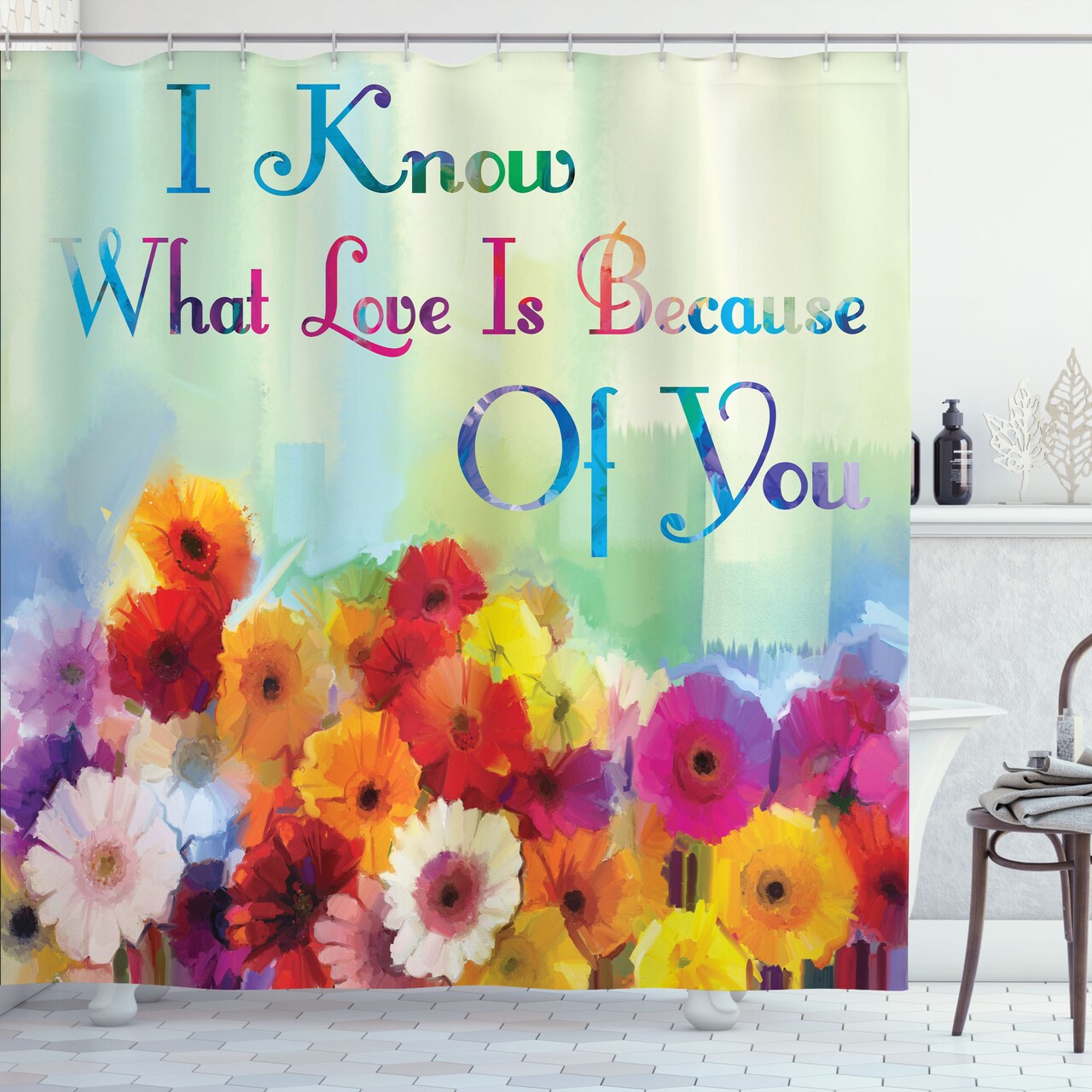 Ambesonne Saying Shower Curtain, I Know What Love is Because of You Lettering Fine Art Style Vivid Spring Flowers, Cloth Fabric Bathroom Decor Set with Hooks, 69" W x 70" L, Pastel Green